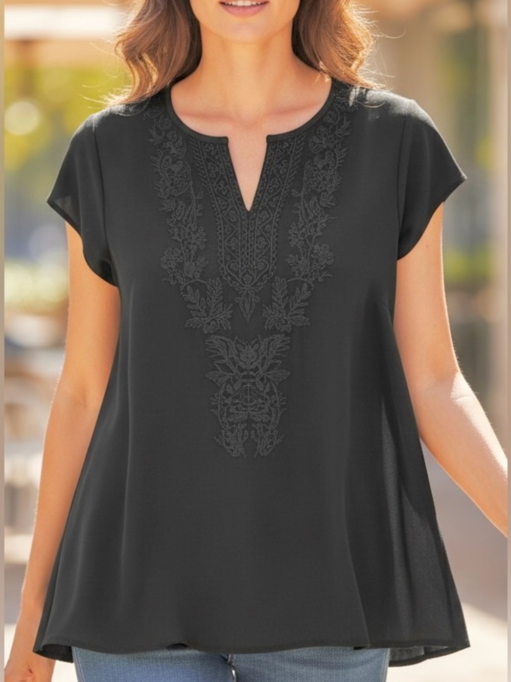 Liz Claiborne Black Embroidered Split Neck Short Sleeve Blouse Top